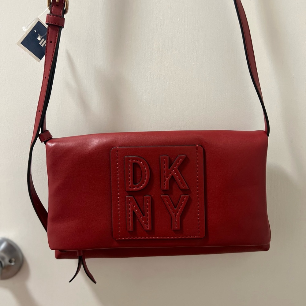 DKNY Tilly Stacked Logo Top Zip Crossbody in Red Brand New With Tag! MSRP $128